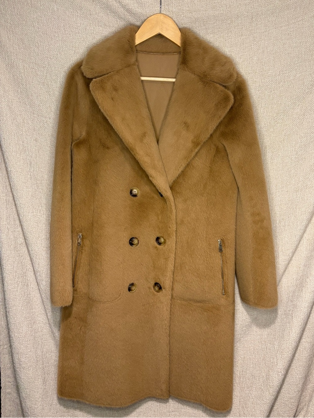 Women’s Reversible Faux Fur Double-Breasted Coat - Camel